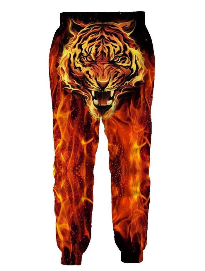Mens Jogger Pants 3D Printing Fire Tiger Pattern Trousers