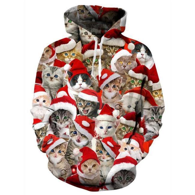 Mens Hoodies 3D Printing Christmas Cat Printed Winter Hoodies Tracksuits