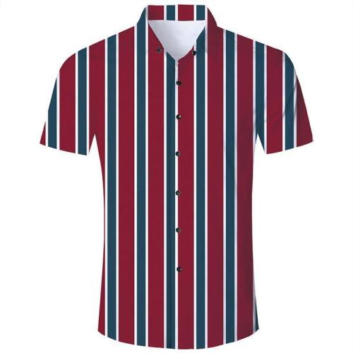 Men'S Hawaiian Short Sleeve Shirts Red Stripes Printing