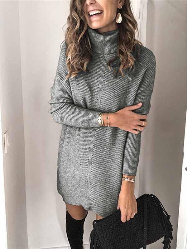 Casual Turtleneck Pullover Long Sleeve Sweater Dress