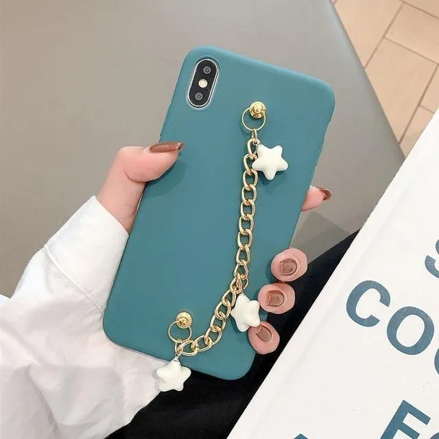 Candy Colors Matte Silicone Phone Case With Stars Bracelet Wrist Strap