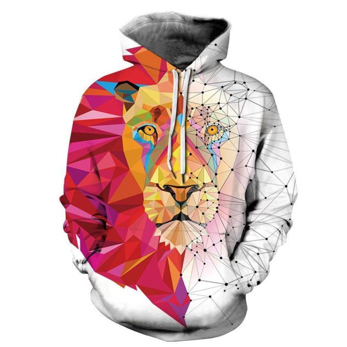 Lion Printed Star Pocket Drawstring Hooded Sweatshirt