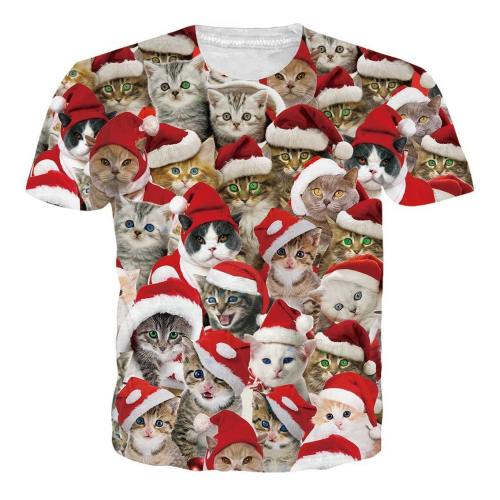 Men'S Short Sleeve Ugly Christmas T-Shirts Funny Cat