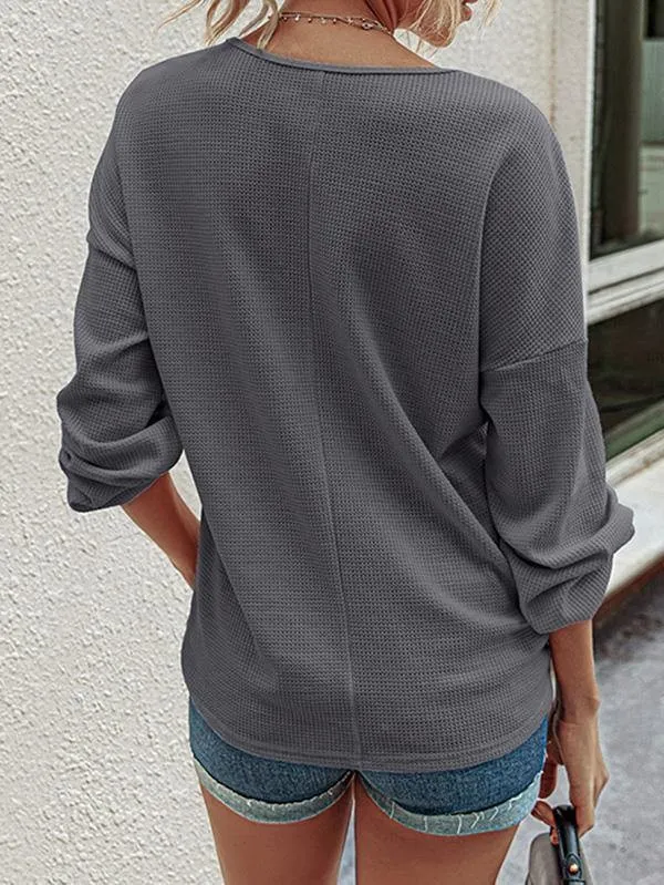 Women V Neck Button Waffle Knit Long Sleeve Shirts