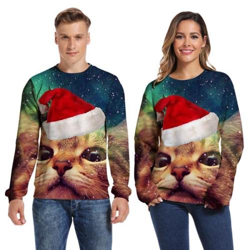 Mens Pullover Sweatshirt 3D Printed Merry Christmas Cat Face Long Sleeve Shirts