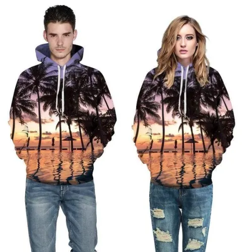 3D Print Hoodie - Nightfall Coconut Trees Pattern Pullover Hoodie