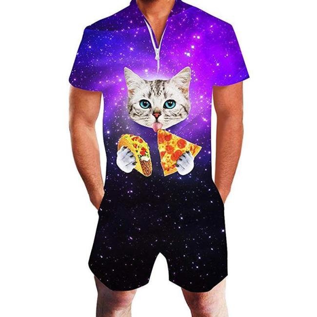 Men'S Rompers Zipper Jumpsuit Galaxy Space Pizza Cat Printed