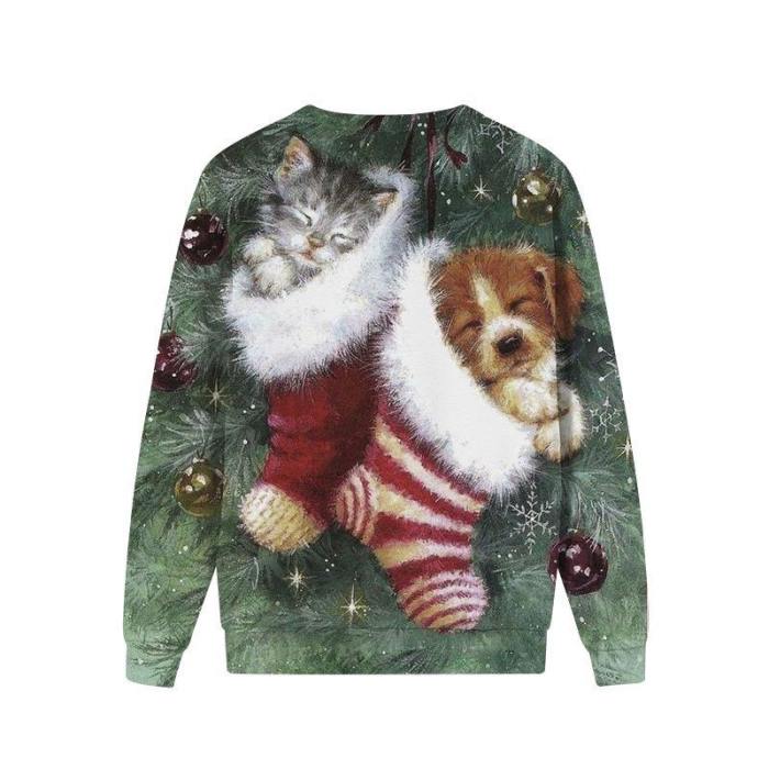 Mens Pullover Sweatshirt 3D Printed Christmas Warm Dog Cat Long Sleeve Shirts