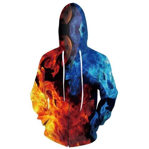 Mens Zip Up Hoodies 3D Printed Big Fire Printing Hooded