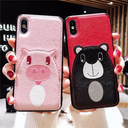 Cute Cartoon Piggy Bear Leather Phone Case With Back Pocket