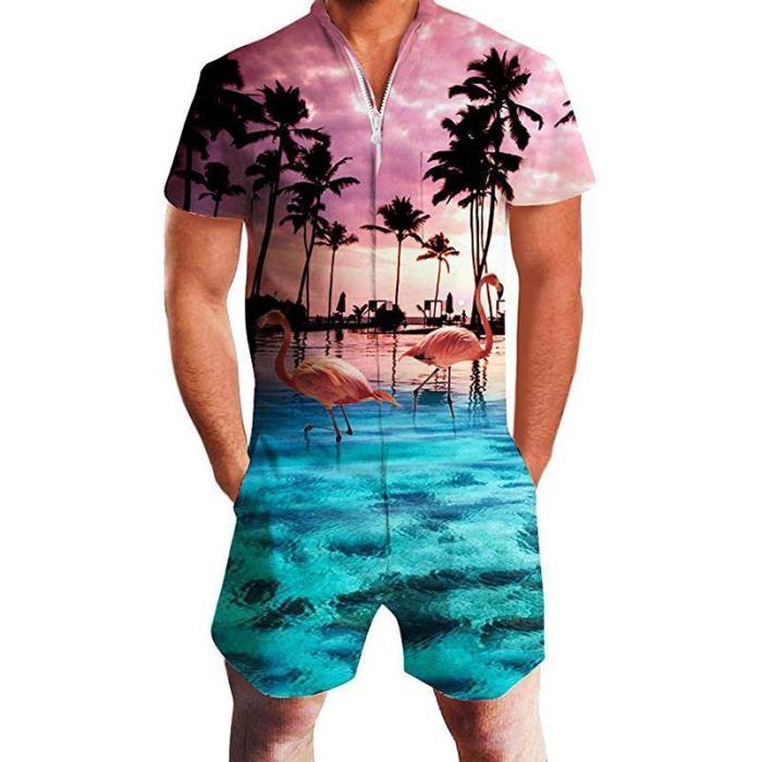 Men'S Romper Fashion Palm Tree Flamingos Hawaiian Jumpsuits
