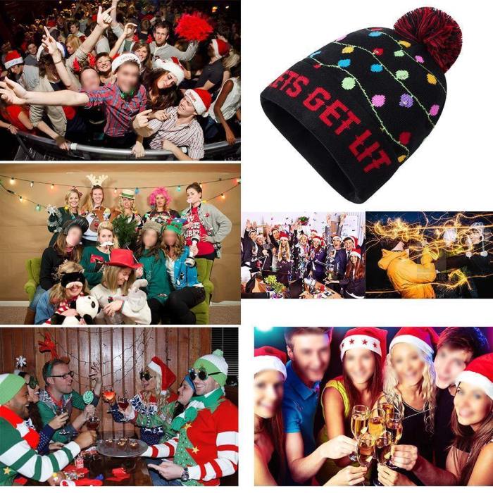 Led Light-Up Knitted Ugly Sweater Holiday Hat Lets Get Lit Xmas Christmas Beanies For Party