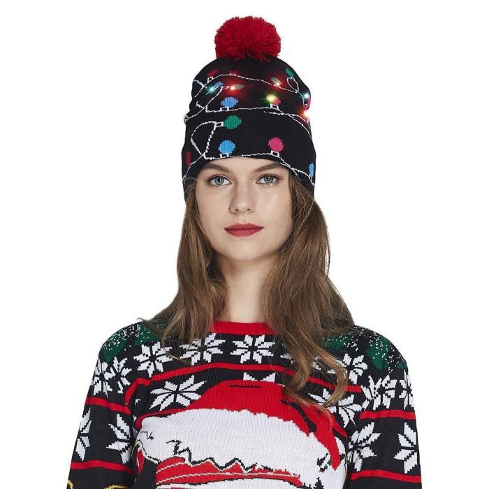 Led Light-Up Knitted Ugly Sweater Holiday Black Hat Xmas Christmas Beanies For Christmas Party