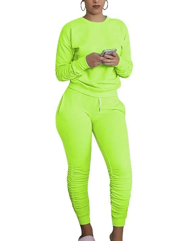 Crew Neck Pullover Ruched Pants Sweat Suits For Women