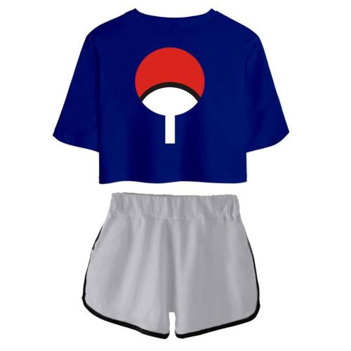 Women Naruto Crop Top Sets Uchiha Sasuke Cosplay Short Sleeve T-Shirt Shorts 2 Pieces Sets Casual Clothes