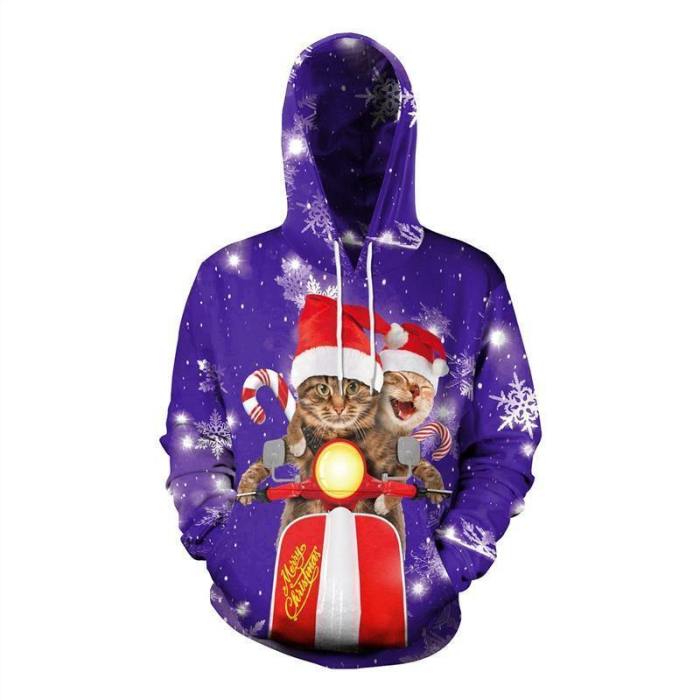Mens Purple Hoodies 3D Graphic Printed Merry Christmas 2Pcs Cat Pullover