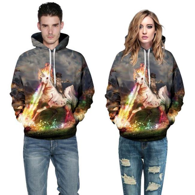 3D Print Hoodie -  Unicorn Knight Cats Pattern Pullover Hoodie  Css036