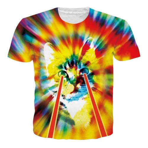 Mens Printing T Shirt Creative Colorful Cat Pattern Tee