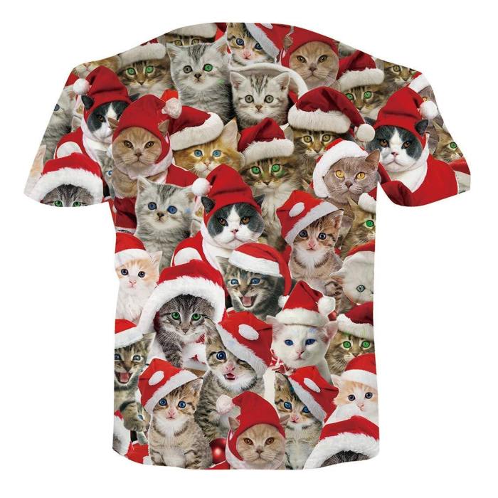 Men'S Short Sleeve Ugly Christmas T-Shirts Funny Cat