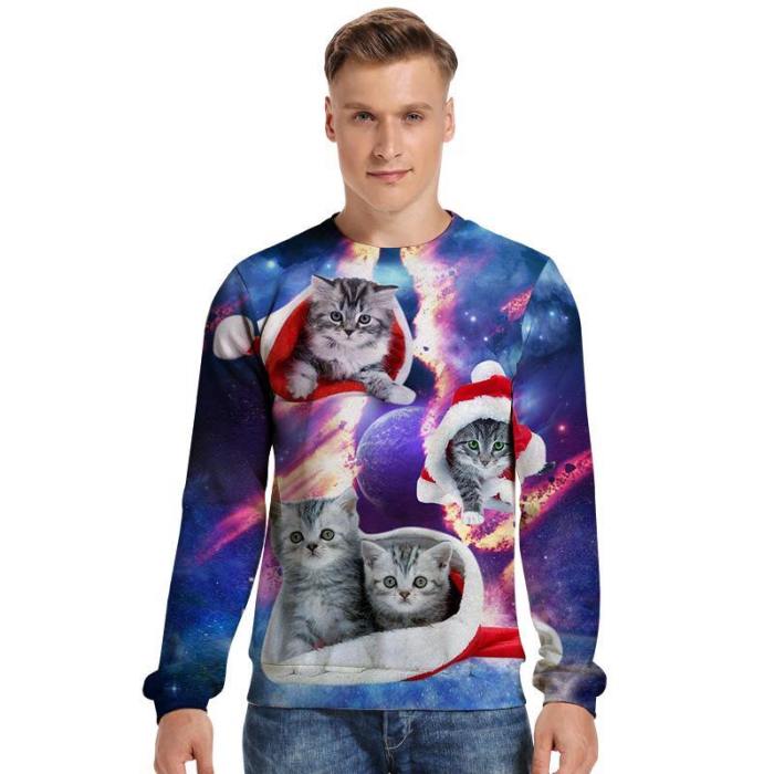 Mens Pullover Sweatshirt 3D Printed Merry Christmas Four Cat Long Sleeve Shirts