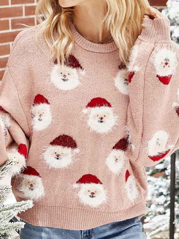 Santa Claus Christmas Pink Crew Neck Sweater