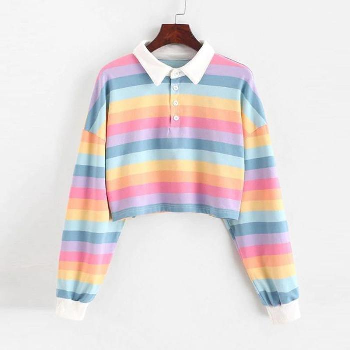Colorful Rainbow Crop Top Polo Shirt