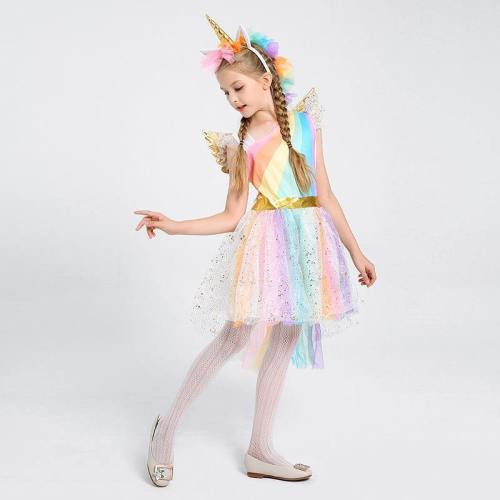 Girls Dress Unicorn Costume Rainbow Skirt For Kids Halloween Party