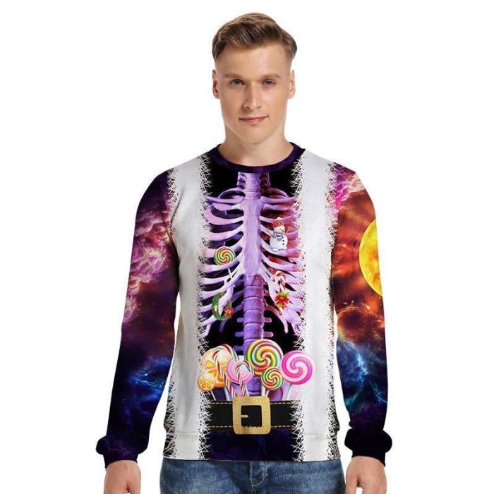 Mens Pullover Sweatshirt 3D Printed Christmas Starry Sky Skeleton Long Sleeve Shirts