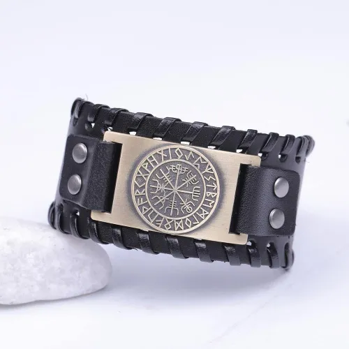 Ancient Viking Compass Leather Wristband Bracelet