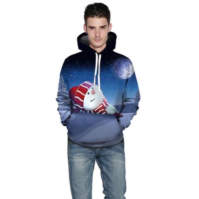Mens Hoodies 3D Graphic Printed Christmas Lovely Snowman Pullover Hoodie