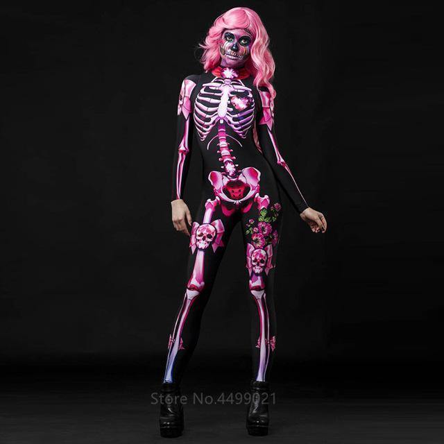 Pink Skeleton Halloween Cosplay Jumpsuit Wig Women Scary Costume Spooky Fancy Dress  Day Of The Dead Mummy Horror Carnival Party