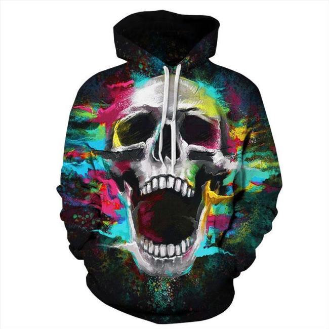 3D Hoodies Grey Skull Print Pullover Sweartshirt