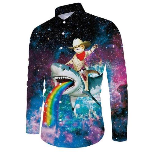 Mens Shirts Galaxy Cat On Rainbow Shark Printed Blouse