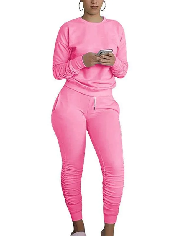 Crew Neck Pullover Ruched Pants Sweat Suits For Women