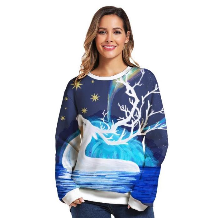 Mens Pullover Sweatshirt 3D Printed Christmas Elk Pattern Long Sleeve Shirts