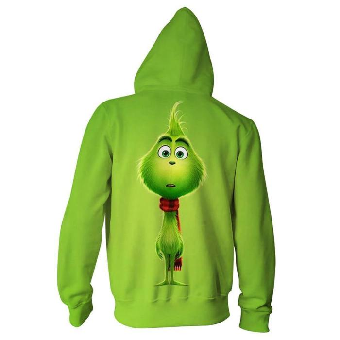 Unisex How The Grinch Stole Christmas 3D Printing Hooded Long Sleeve Sweatshirt Zip Up Hoodies