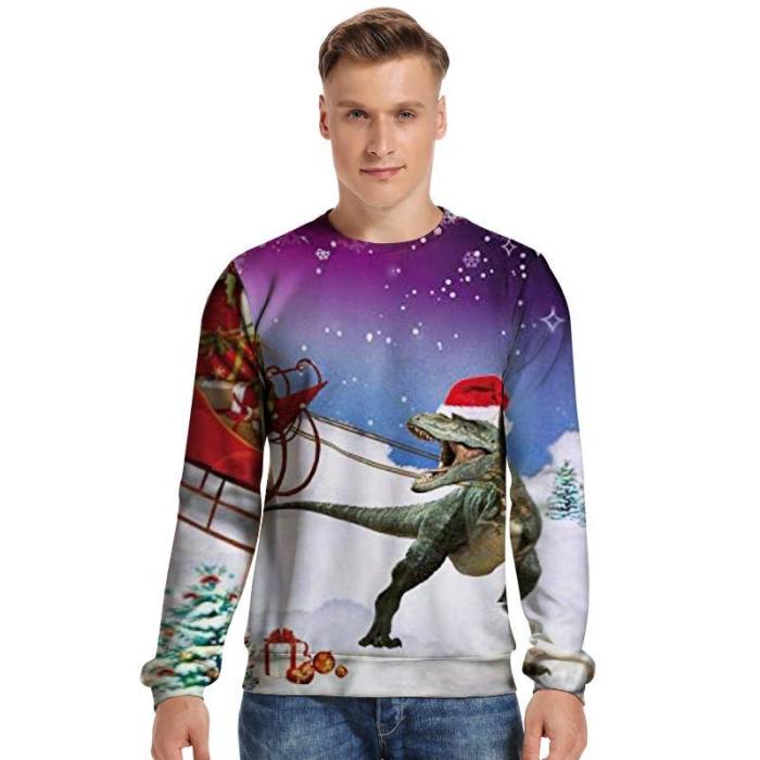 Mens Pullover Sweatshirt 3D Printed Christmas Dinosaur Pull Gifts Long Sleeve Shirts