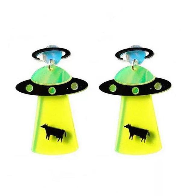 Funny Alien Cow Abduction Statement Earrings