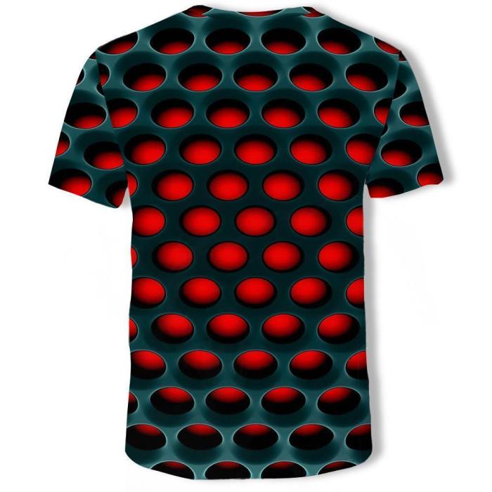 Mens 3D Printing T Shirt Red Hole Pattern Shirt