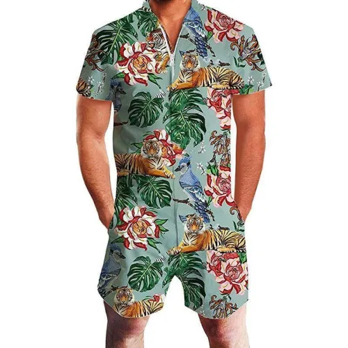 Mens Romper Floral Tiger Pattern Jumpsuits