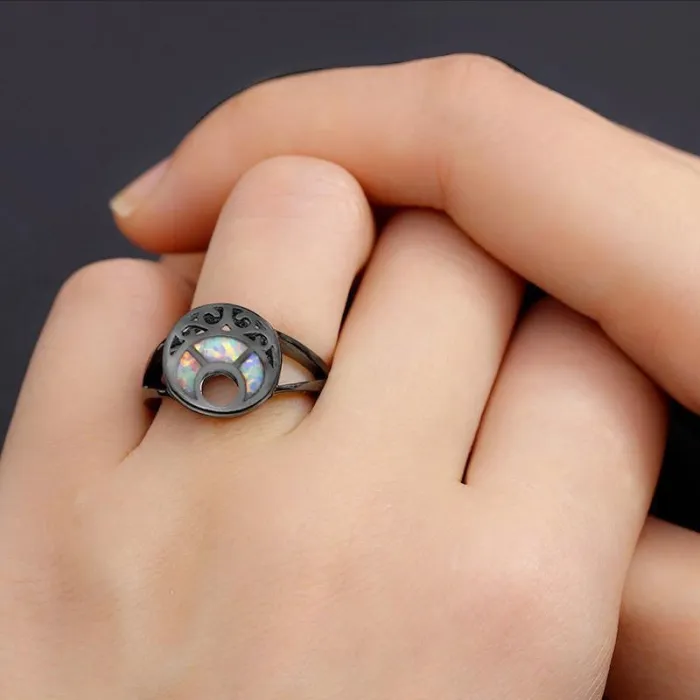 Black Gold-Plated Blue Fire Moon Opal Ring