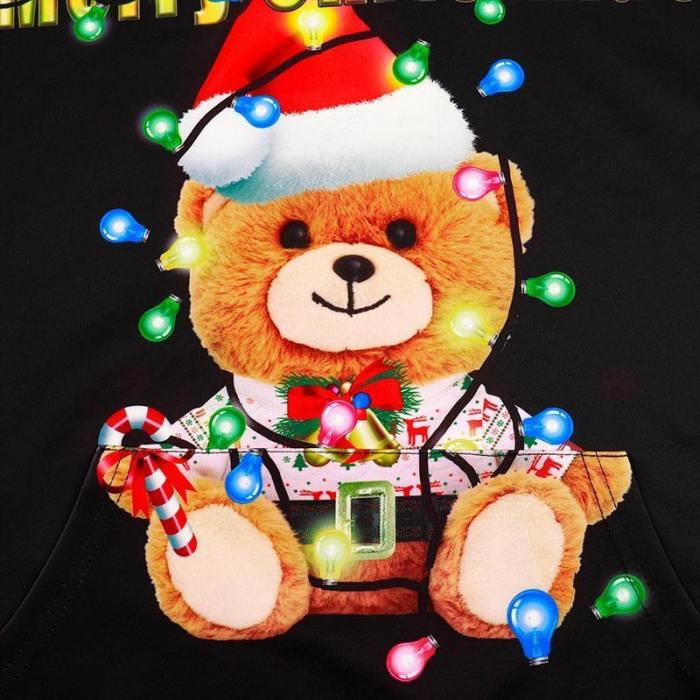 Mens Black Hoodies 3D Graphic Printed Merry Christmas Glowing Bear Pullover