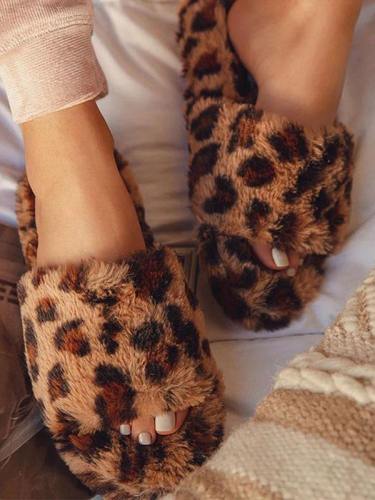 Womens Open Toe Leopard Fluffy Slippers