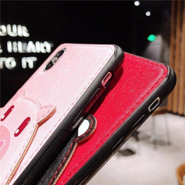 Cute Cartoon Piggy Bear Leather Phone Case With Back Pocket