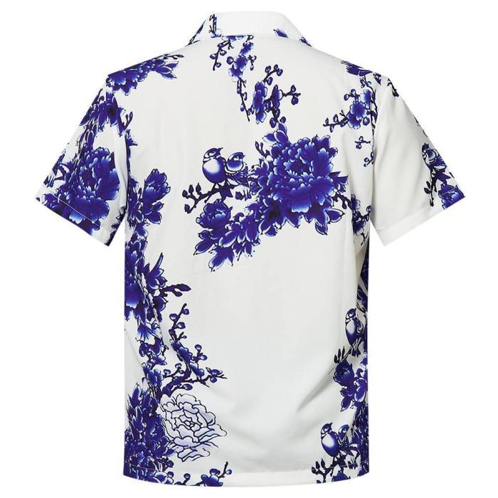 Men'S Hawaiian Shirts Floral Birds Pattern Printing