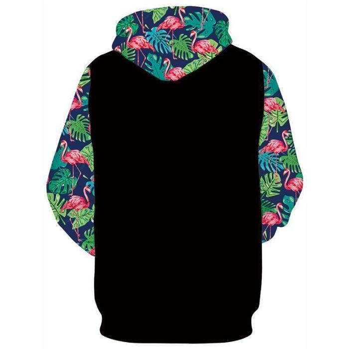 Mens Hoodies 3D Printing Hooded Tropical Flamingo Printed Pattern Black Sweatshirt Pullover