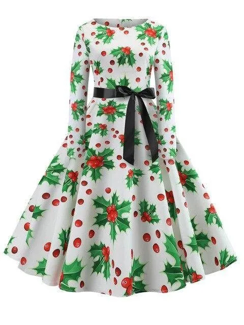 Women'S Long Sleeves Floral Print Christmas Dresses