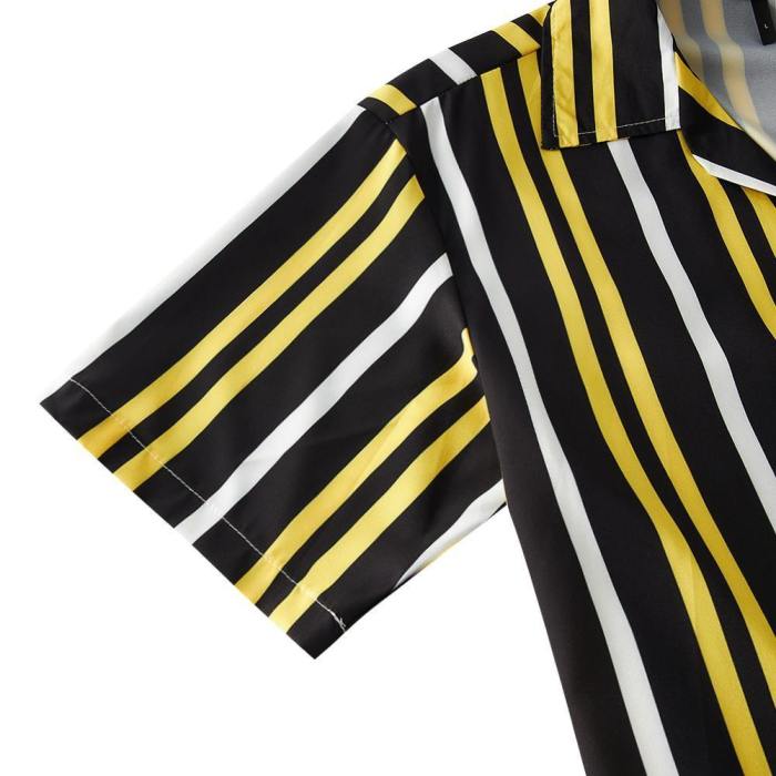 Men'S Hawaiian Shirt Black Yellow Stripes Printing
