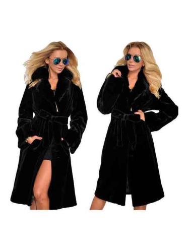 Winter Faux Fur Lapel Black Coat With Belt