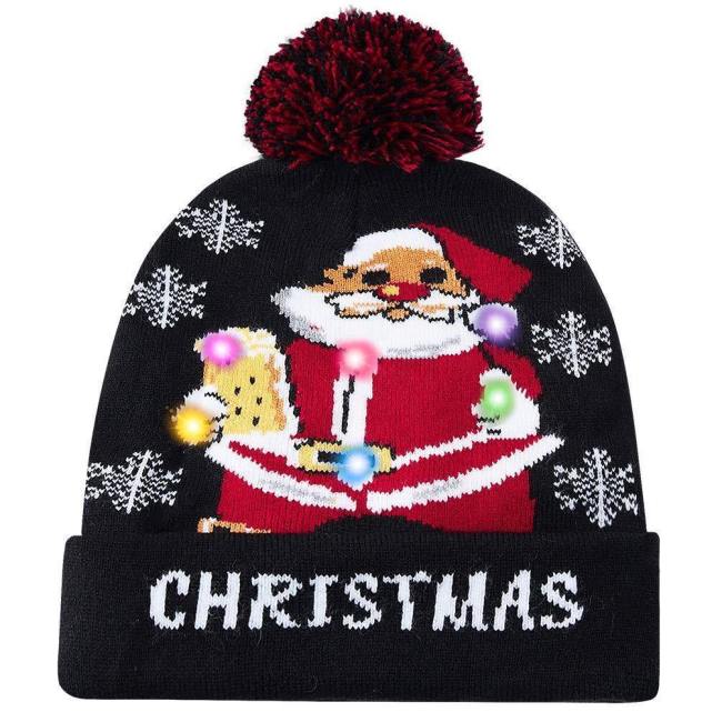 Funny Santa Claus Drinking Printed Led Light Knitted Christmas Hat Holiday Xmas Beanie